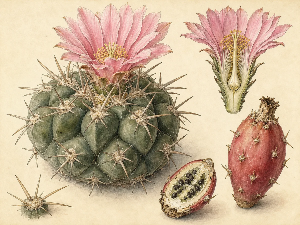 Prancha botânica de Coryphantha elephantidens com cacto globoso, tubérculos grandes, sulcos, espinhos robustos, flor rosada e fruto