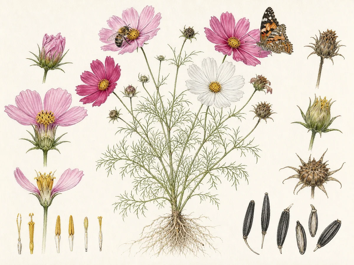 Ilustração botânica de cosmos com folhas finamente divididas, capítulos simples rosados de disco amarelo, aquénios alongados e raiz fibrosa