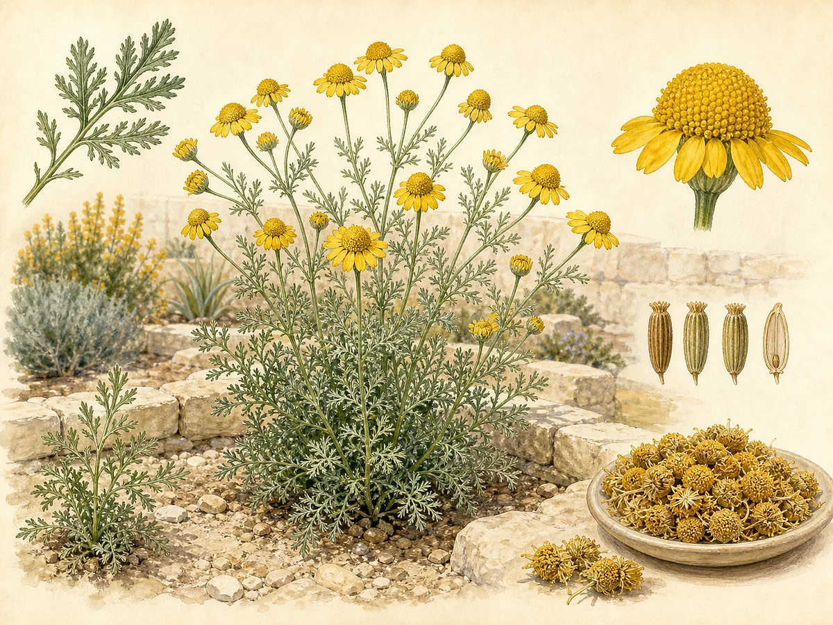 Prancha botânica de Cota tinctoria com folhas finamente divididas, capítulos amarelos tipo margarida, aquénios e cabeças florais secas para corante