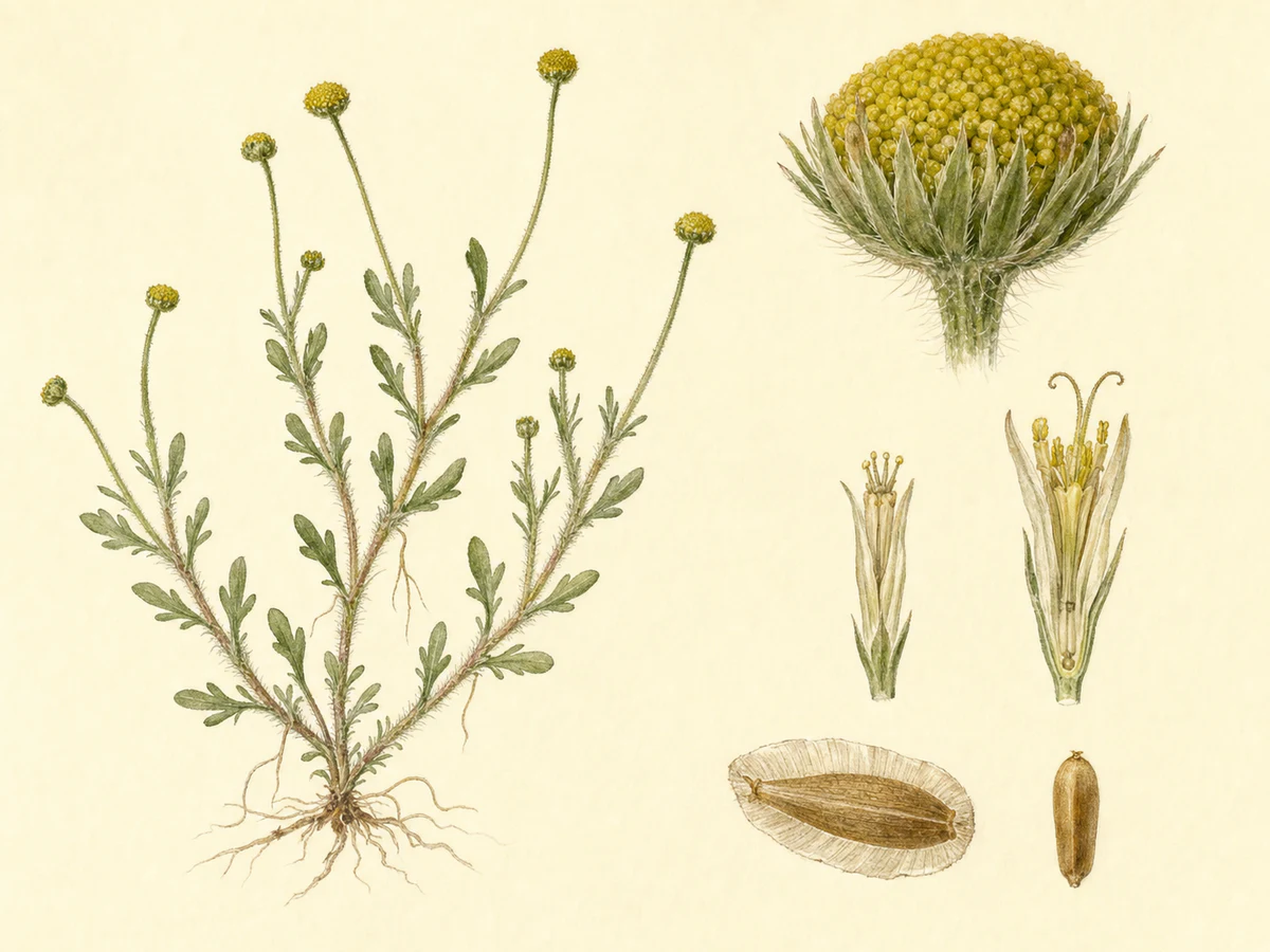 Prancha ilustrada de Cotula australis com pequena erva ascendente, caules vilosos por vezes enraizantes, folhas pinatissectas, capítulos diminutos sem raios e cípselas alada e sem asa