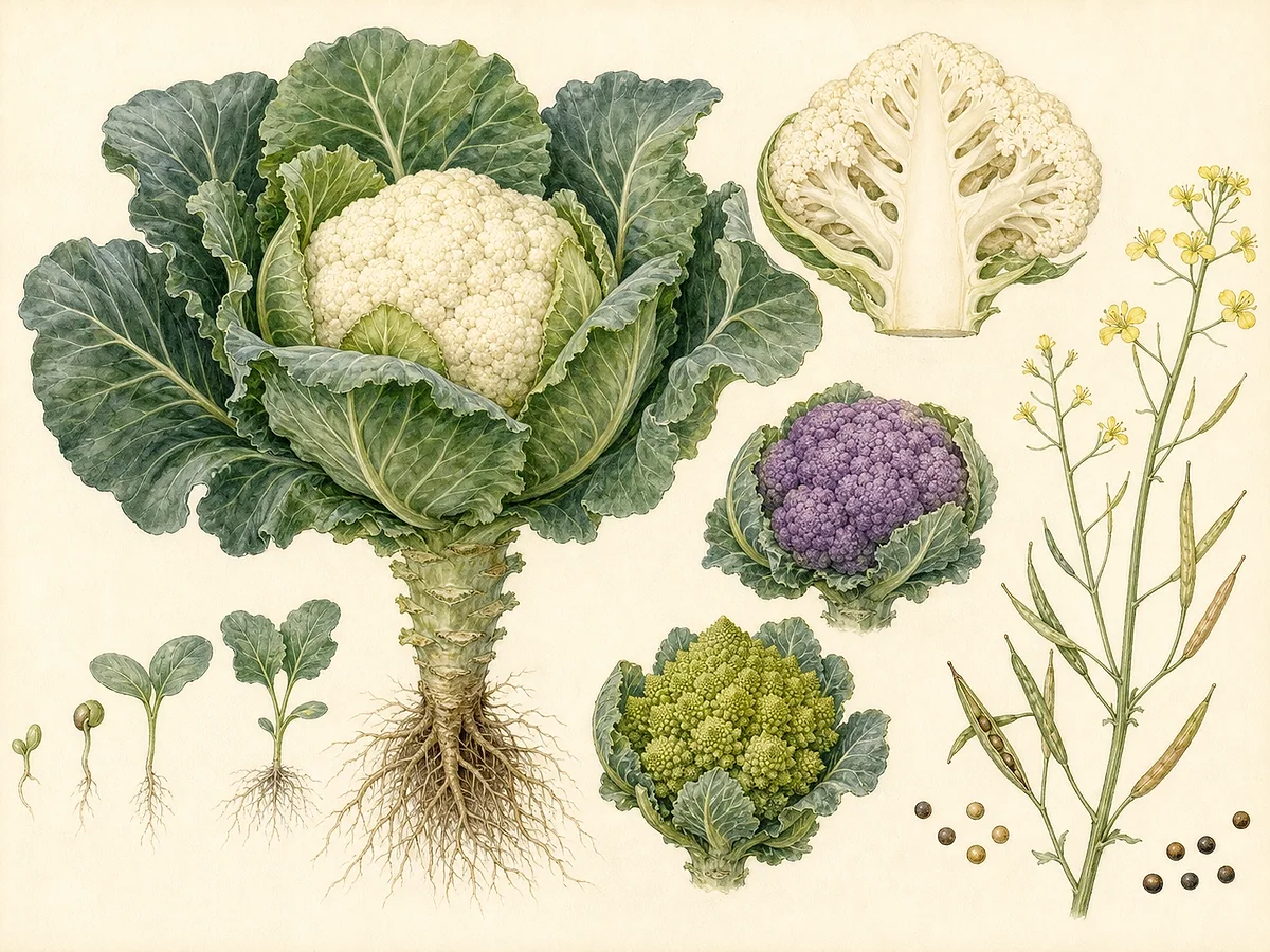 Ilustração botânica de couve-flor com folhas largas envolvendo cabeça branca compacta, variantes roxa e romanesca, flores e síliquas
