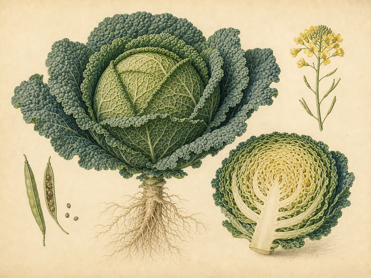 Ilustração botânica de couve-lombarda com cabeça arredondada, folhas verdes fortemente enrugadas, raiz, flores amarelas e síliquas