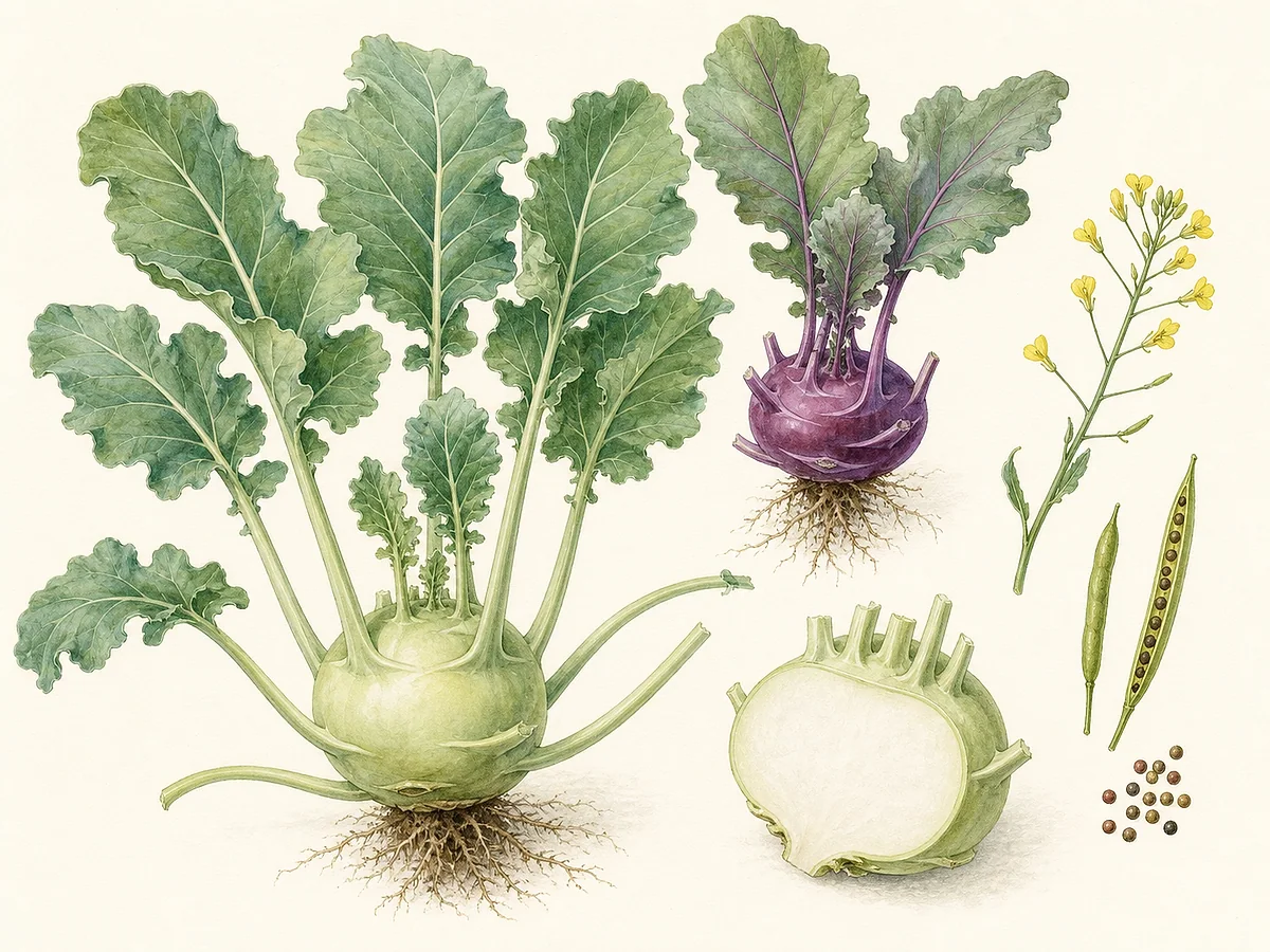 Ilustração botânica de couve-rábano com caule globoso verde acima do solo, variante roxa, folhas inseridas no engrossamento, corte branco, flores e síliquas