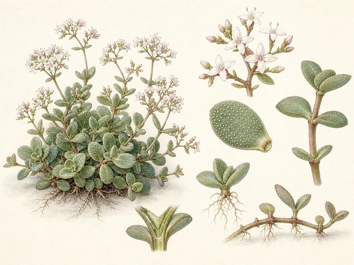 Prancha botânica de Crassula multicava com tapete suculento, folhas ovais pontuadas, flores estreladas, propágulos e raízes