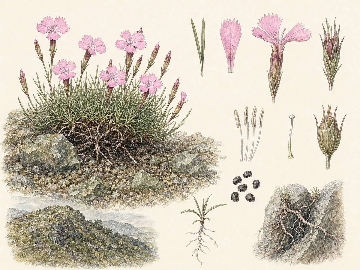 Prancha botânica de Dianthus laricifolius subsp. marizii com tufo baixo, folhas lineares, cálice tubular e flores rosa serradas