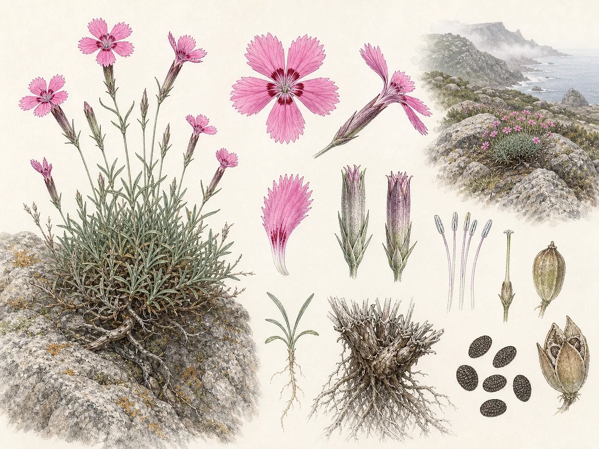 Prancha botânica de Dianthus cintranus subsp. cintranus com tufo de folhas estreitas, caules lenhosos baixos e flores rosa de pétalas serradas