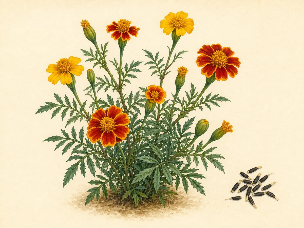 Ilustração botânica de um cravo-túnico compacto com folhas pinadas, flores amarelas e laranja e sementes escuras alongadas