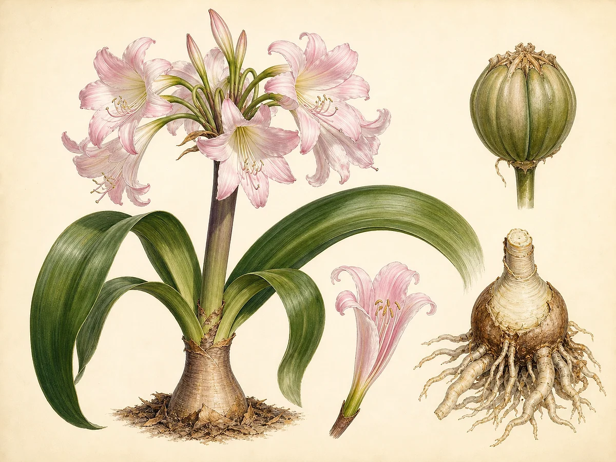 Prancha botânica de Crinum moorei com grande bolbo de colo alongado, folhas largas arqueadas, umbela de flores rosadas em trombeta e cápsula