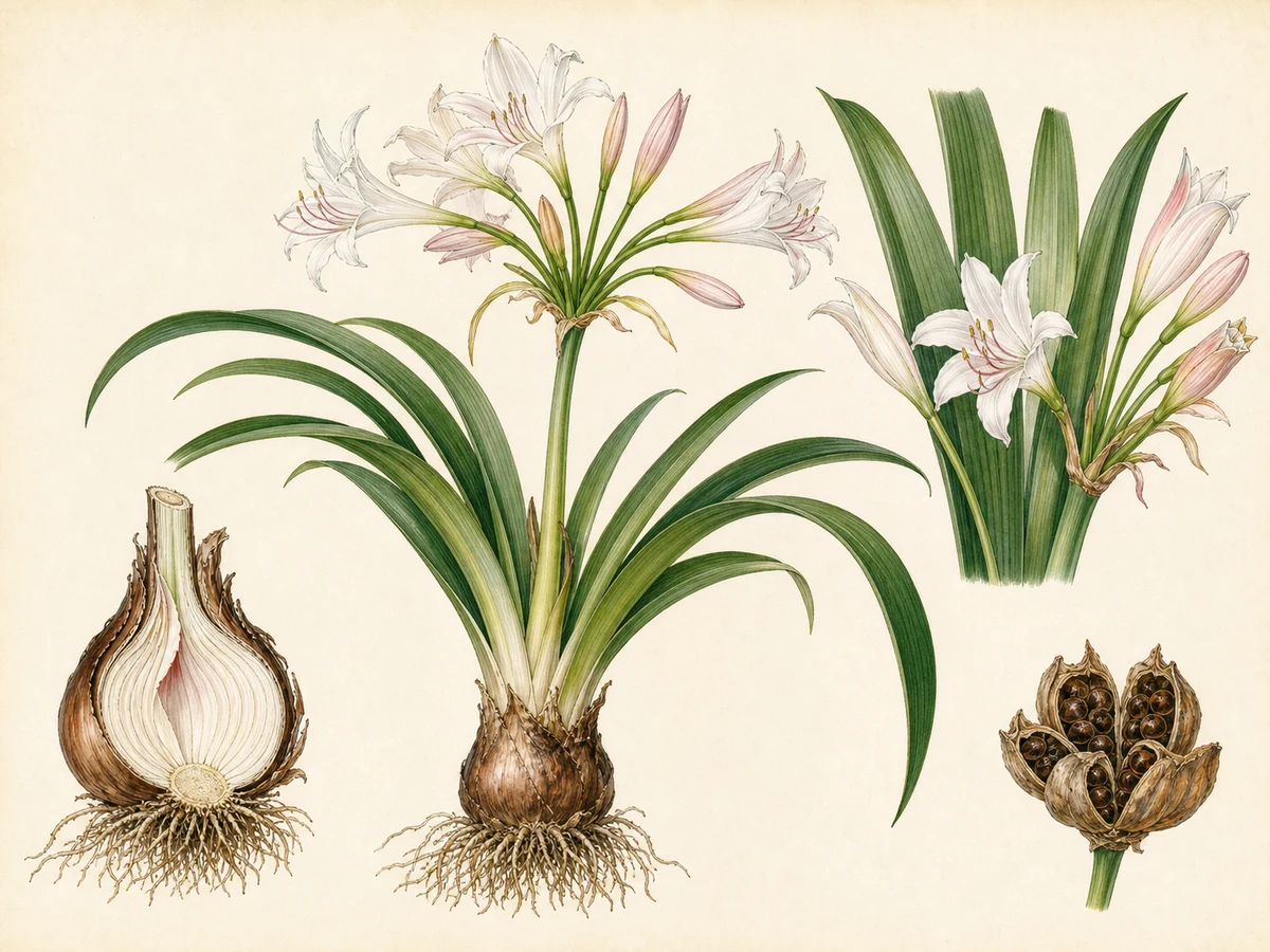 Prancha ilustrada de Crinum bulbispermum com grande bolbo tunicado, folhas em fita, umbela de flores tubulares claras e cápsula com sementes