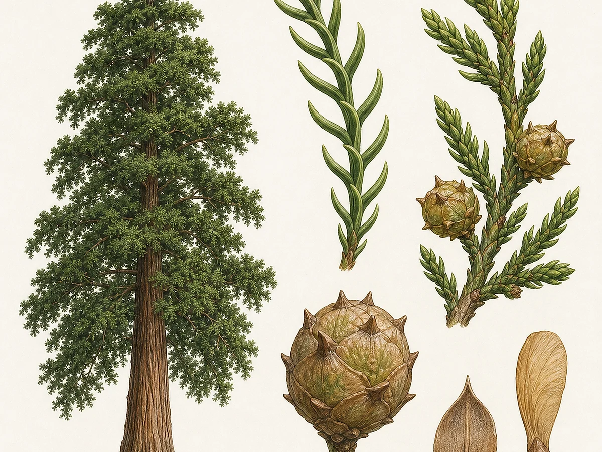 Prancha botânica de Cryptomeria japonica com conífera cónica, casca fibrosa avermelhada, folhas curvas em espiral, cones globosos e sementes