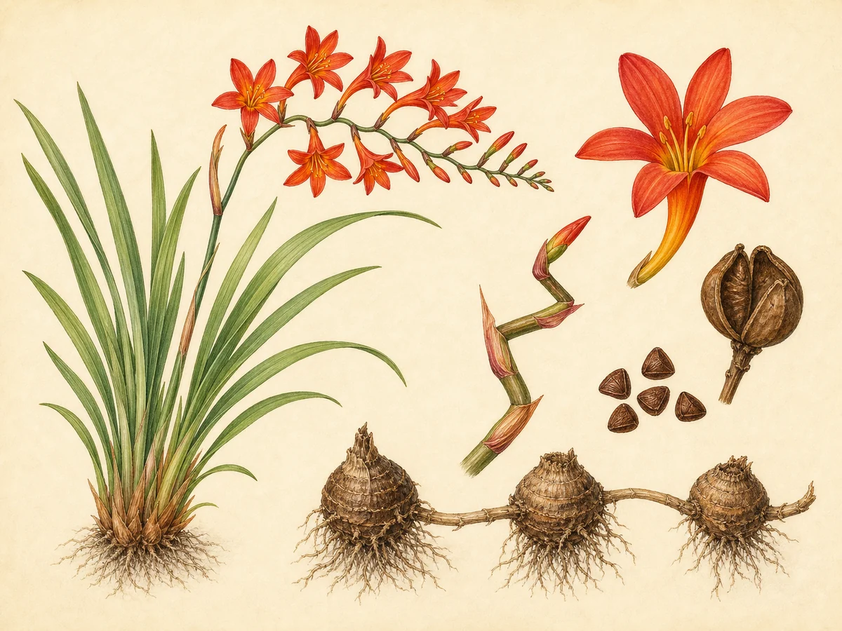 Prancha ilustrada de Crocosmia × crocosmiiflora com tufo de folhas em fita, estolho e cadeia de cormos, eixo floral em ziguezague, flores vermelho-alaranjadas e cápsula trilobada