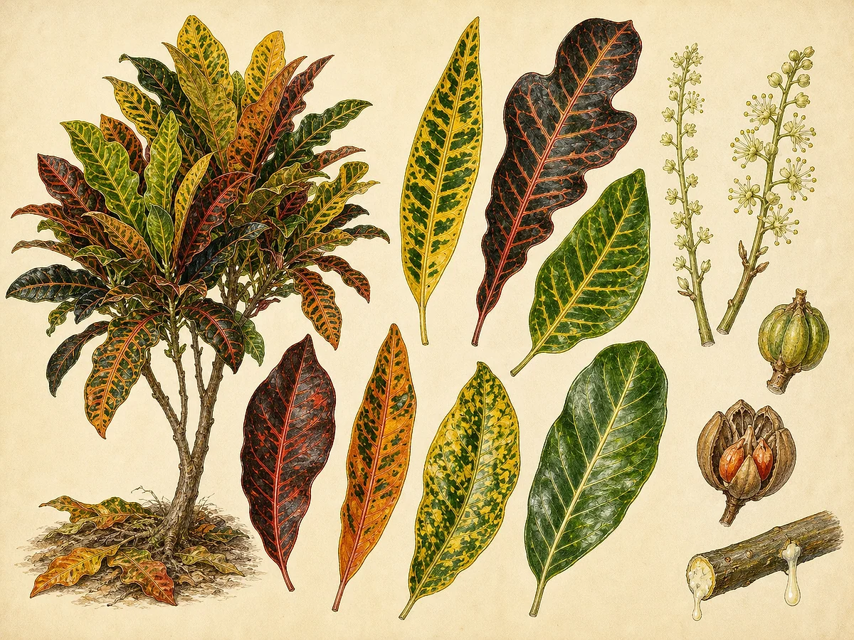 Prancha botânica de Codiaeum variegatum com arbusto, folhas variegadas de formas diferentes, flores masculinas e femininas, cápsula e látex
