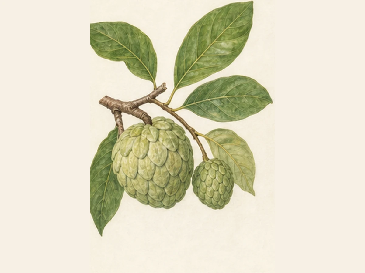 Ilustração editorial representativa de anoneira para a ficha de Madeira; não autentica o material, uma planta, fruto, clone ou lote