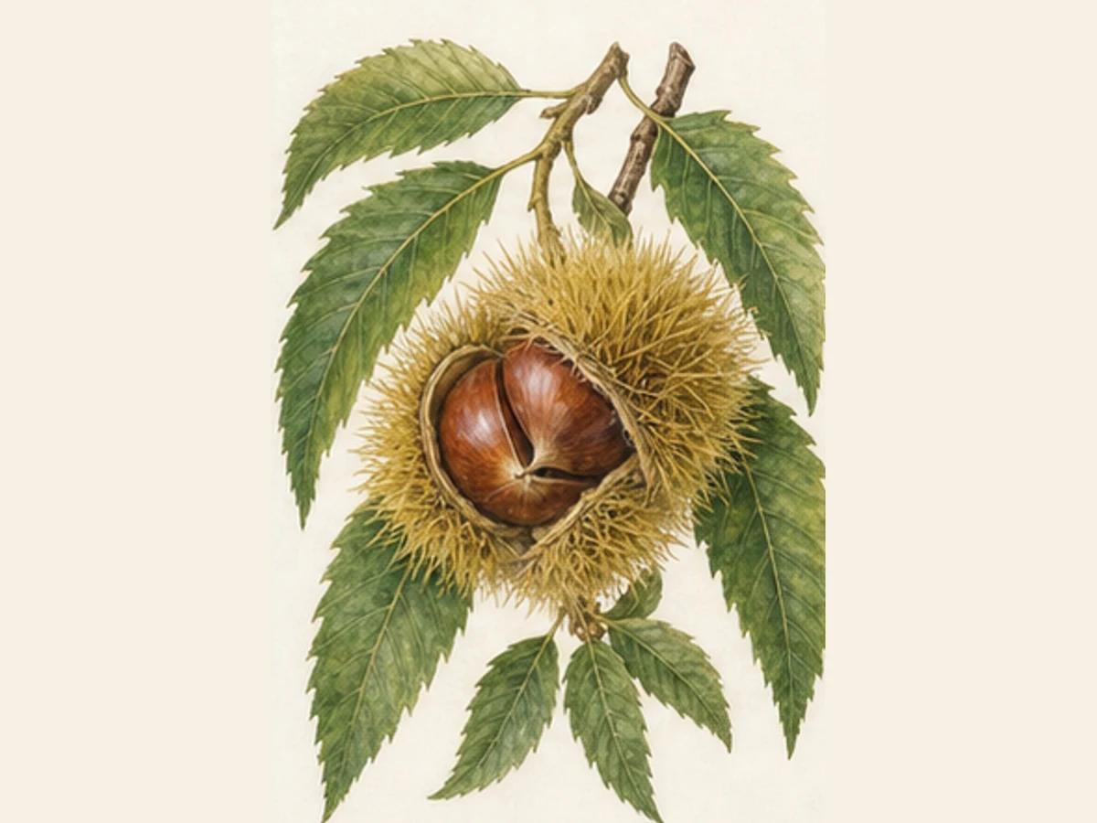 Ilustração editorial representativa de castanheiro para a ficha de ColUTAD; não autentica o material, uma planta, fruto, clone ou lote