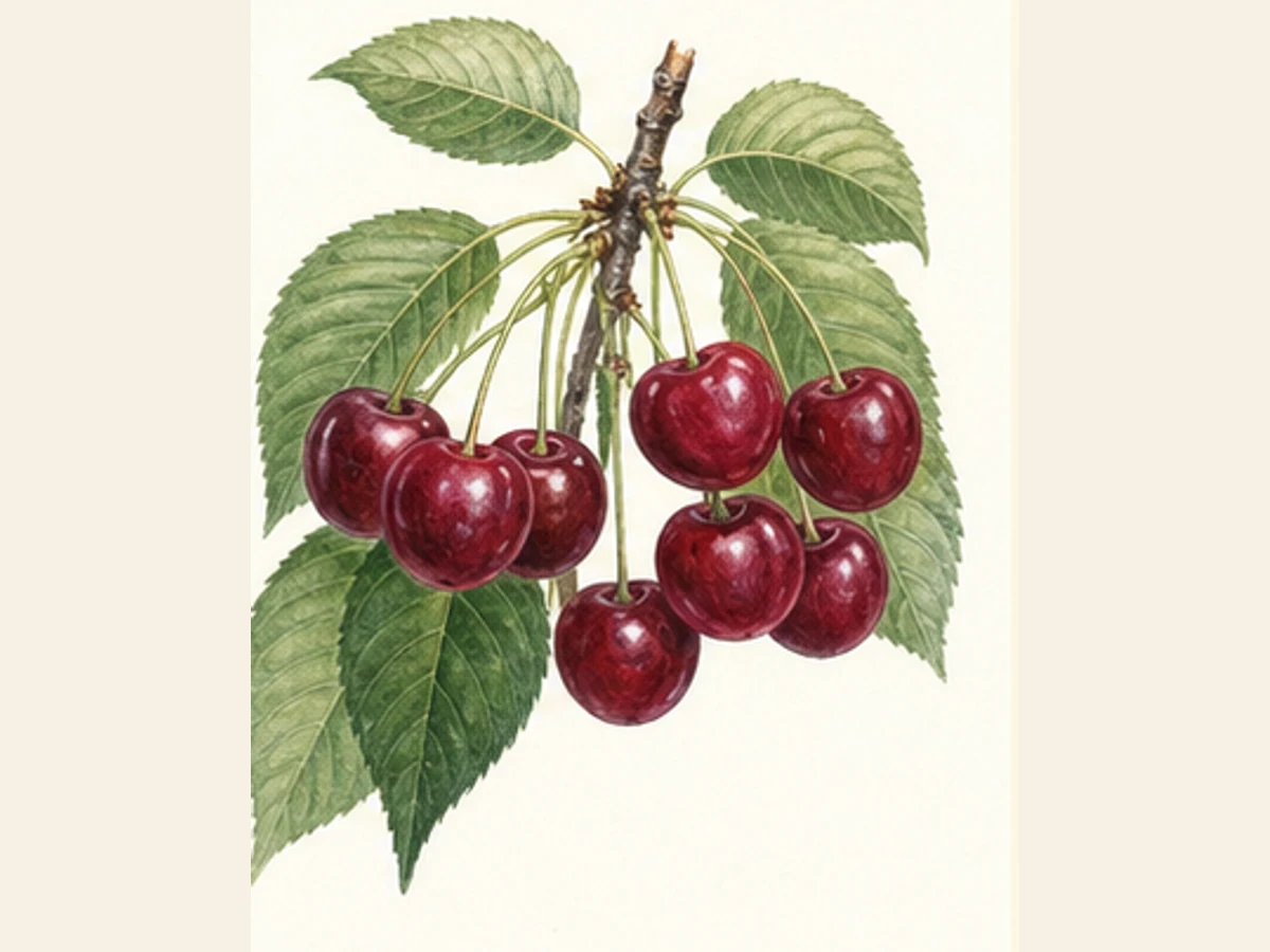 Ilustração editorial representativa de cerejeira para a ficha de Preta Miúda; não autentica o material, uma planta, fruto, clone ou lote