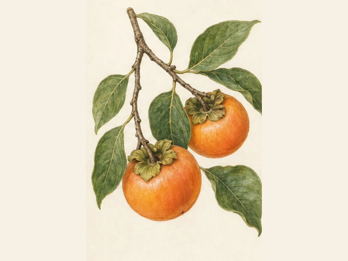 Ilustração editorial representativa de diospireiro para a ficha de Coroa de Rei; não autentica o material, uma planta, fruto, clone ou lote