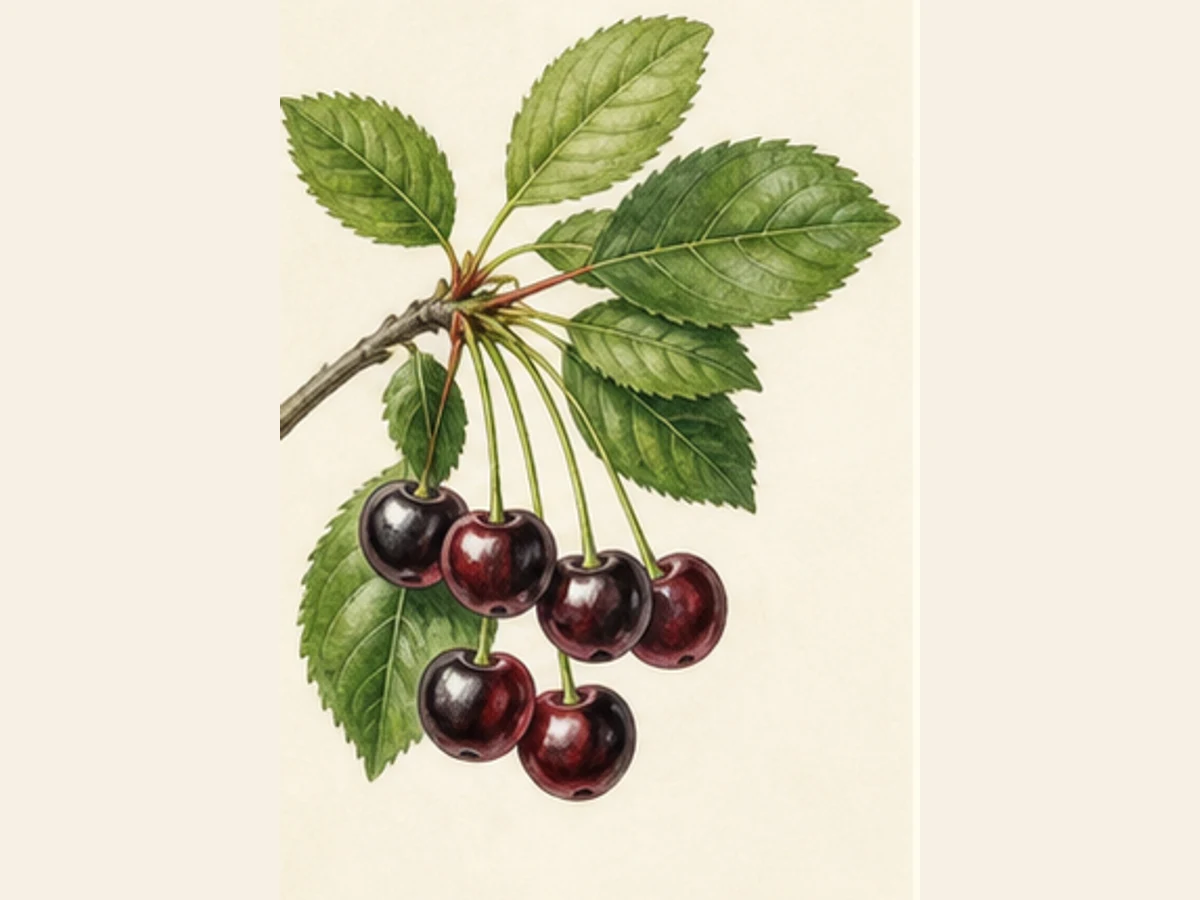 Ilustração editorial representativa de ginjeira para a ficha de Da Madeira; não autentica o material, uma planta, fruto, clone ou lote