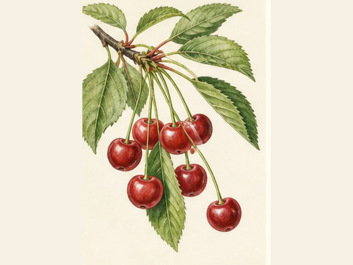 Ilustração editorial representativa de ginjeira para a ficha de Garrafal Negra; não autentica o material, uma planta, fruto, clone ou lote
