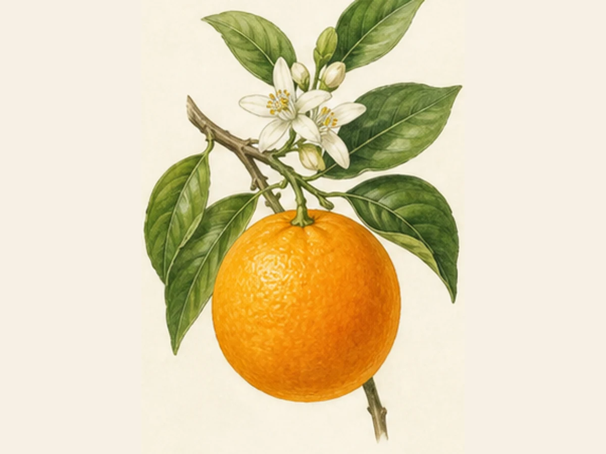 Ilustração editorial representativa de laranjeira para a ficha de De Amares; não autentica o material, uma planta, fruto, clone ou lote