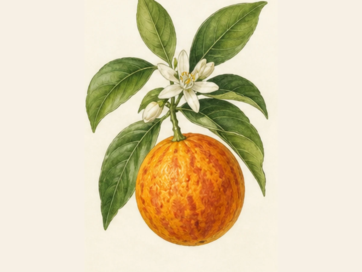 Ilustração editorial representativa de laranjeira para a ficha de Do Tua; não autentica o material, uma planta, fruto, clone ou lote
