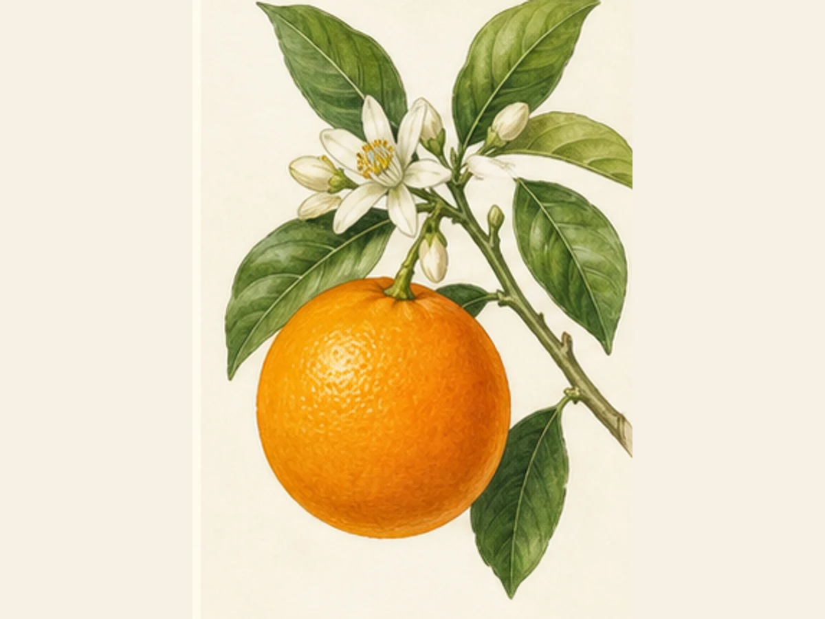 Ilustração editorial representativa de laranjeira para a ficha de Prata; não autentica o material, uma planta, fruto, clone ou lote
