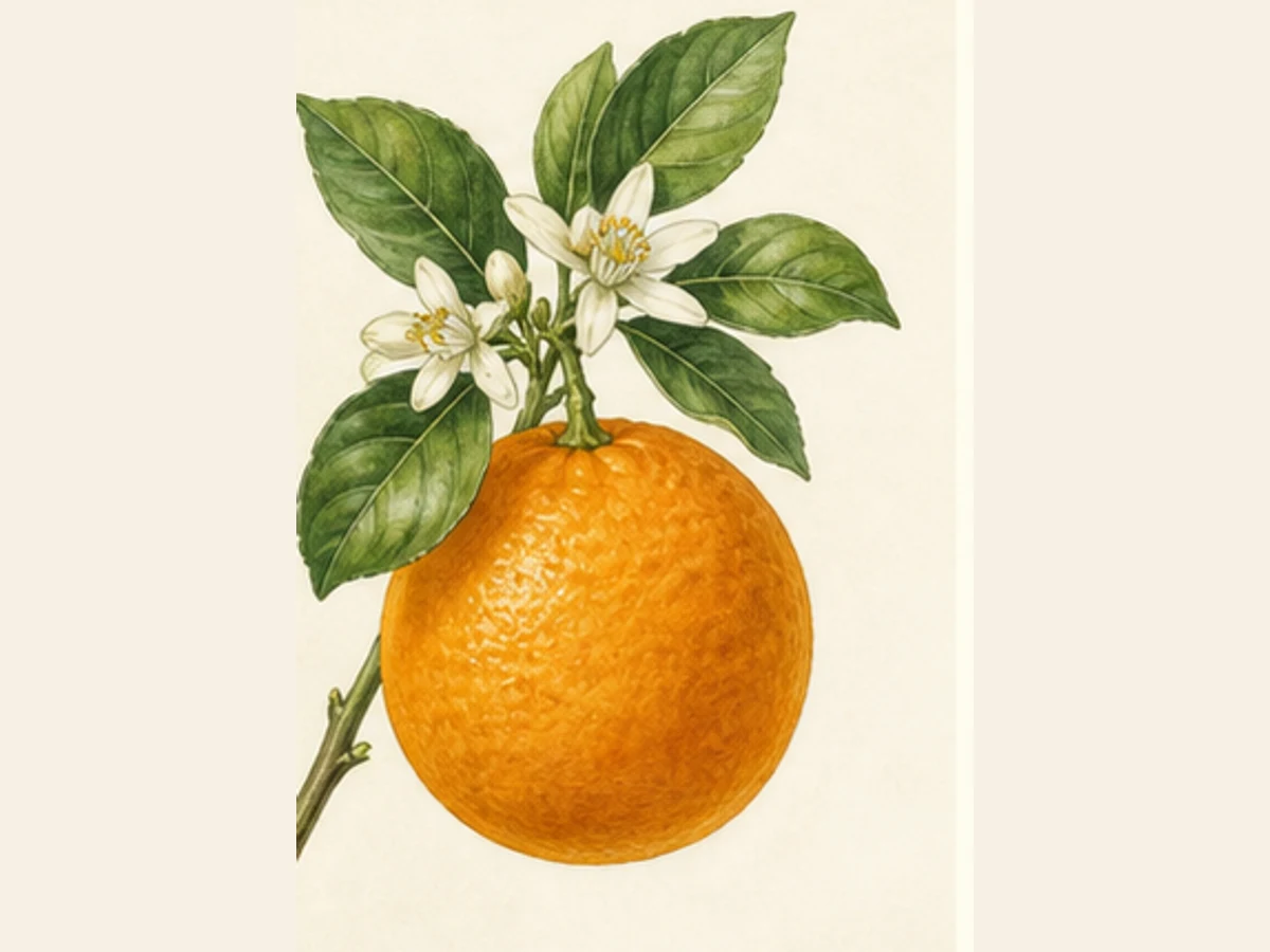Ilustração editorial representativa de laranjeira para a ficha de Sanguínea; não autentica o material, uma planta, fruto, clone ou lote