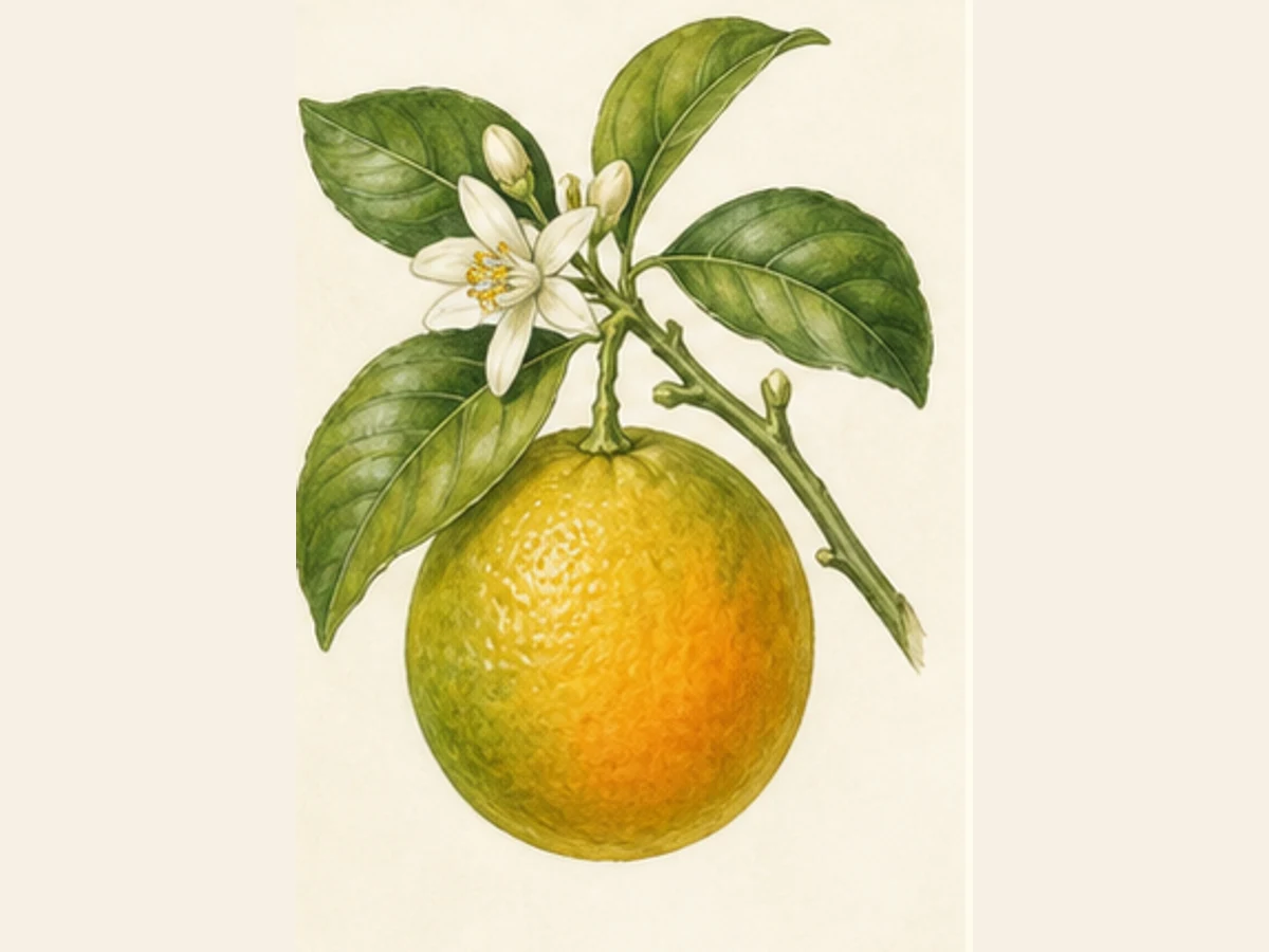 Ilustração editorial representativa de laranjeira para a ficha de Selecta; não autentica o material, uma planta, fruto, clone ou lote