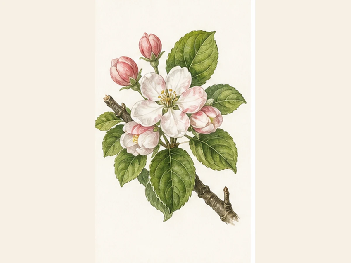 Ilustração editorial representativa de macieira para a ficha de Camoesa de Pera Velha; não autentica o material, uma planta, fruto, clone ou lote