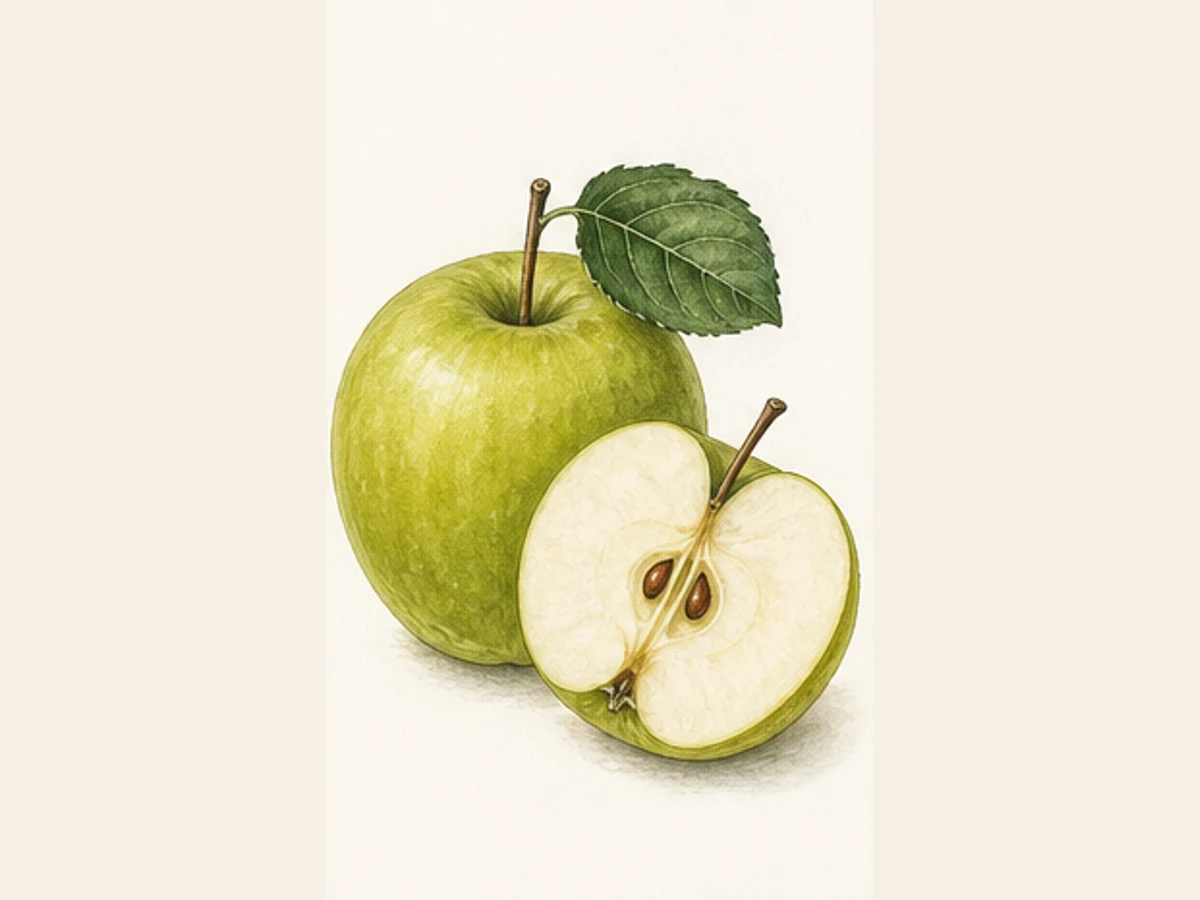 Ilustração editorial representativa de macieira para a ficha de Camoesa de Quina; não autentica o material, uma planta, fruto, clone ou lote