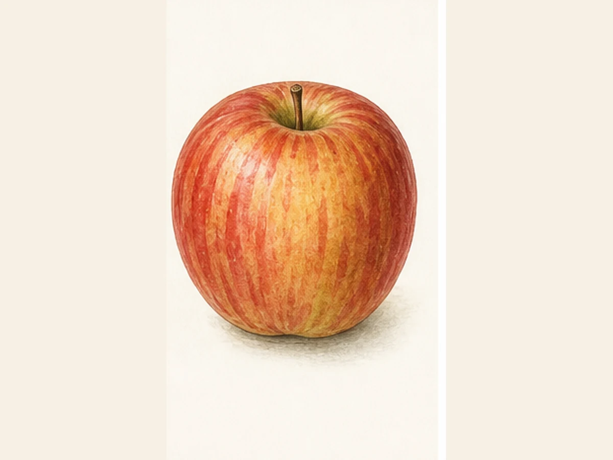 Ilustração editorial representativa de macieira para a ficha de Camoesa Rosa do Menezes; não autentica o material, uma planta, fruto, clone ou lote