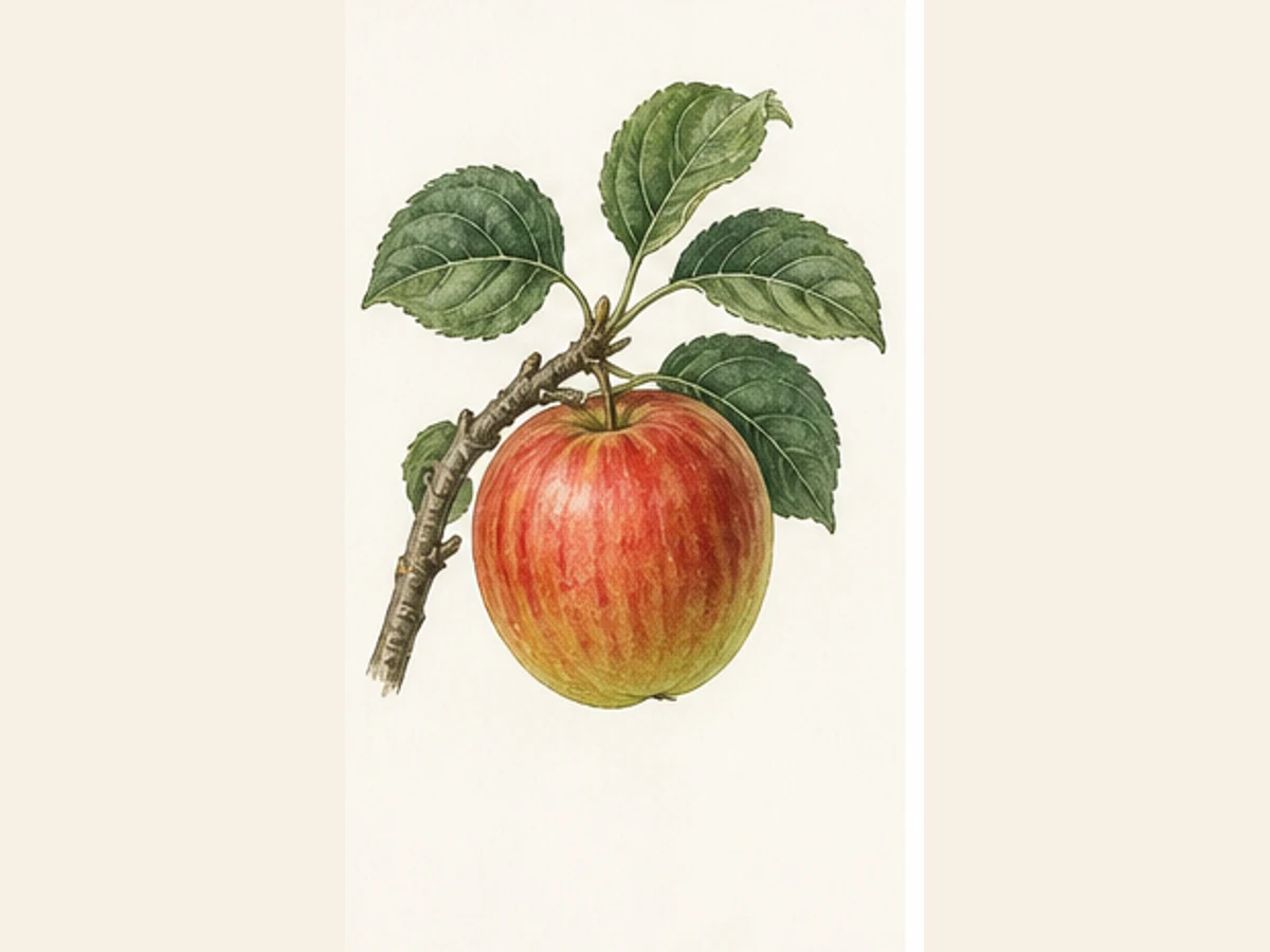 Ilustração editorial representativa de macieira para a ficha de Camoesa Rosa; não autentica o material, uma planta, fruto, clone ou lote