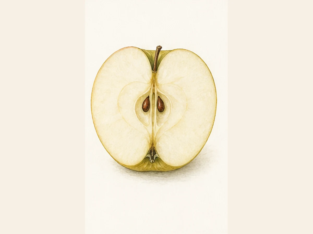 Ilustração editorial representativa de macieira para a ficha de Canavial; não autentica o material, uma planta, fruto, clone ou lote