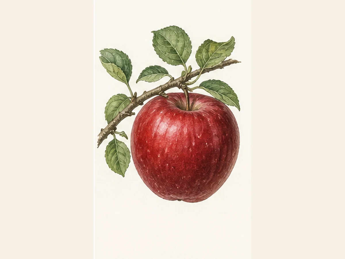Ilustração editorial representativa de macieira para a ficha de Cara de Dama; não autentica o material, uma planta, fruto, clone ou lote