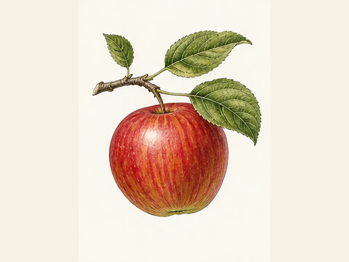 Ilustração editorial representativa de macieira para a ficha de Carneira; não autentica o material, uma planta, fruto, clone ou lote