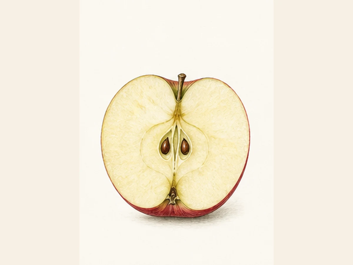 Ilustração editorial representativa de macieira para a ficha de Casa Nova; não autentica o material, uma planta, fruto, clone ou lote