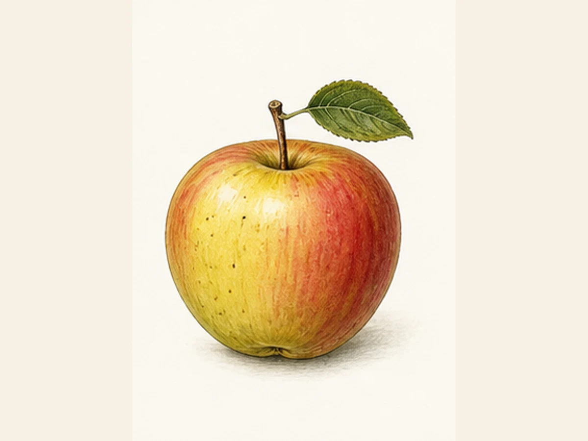 Ilustração editorial representativa de macieira para a ficha de Casca Fina; não autentica o material, uma planta, fruto, clone ou lote