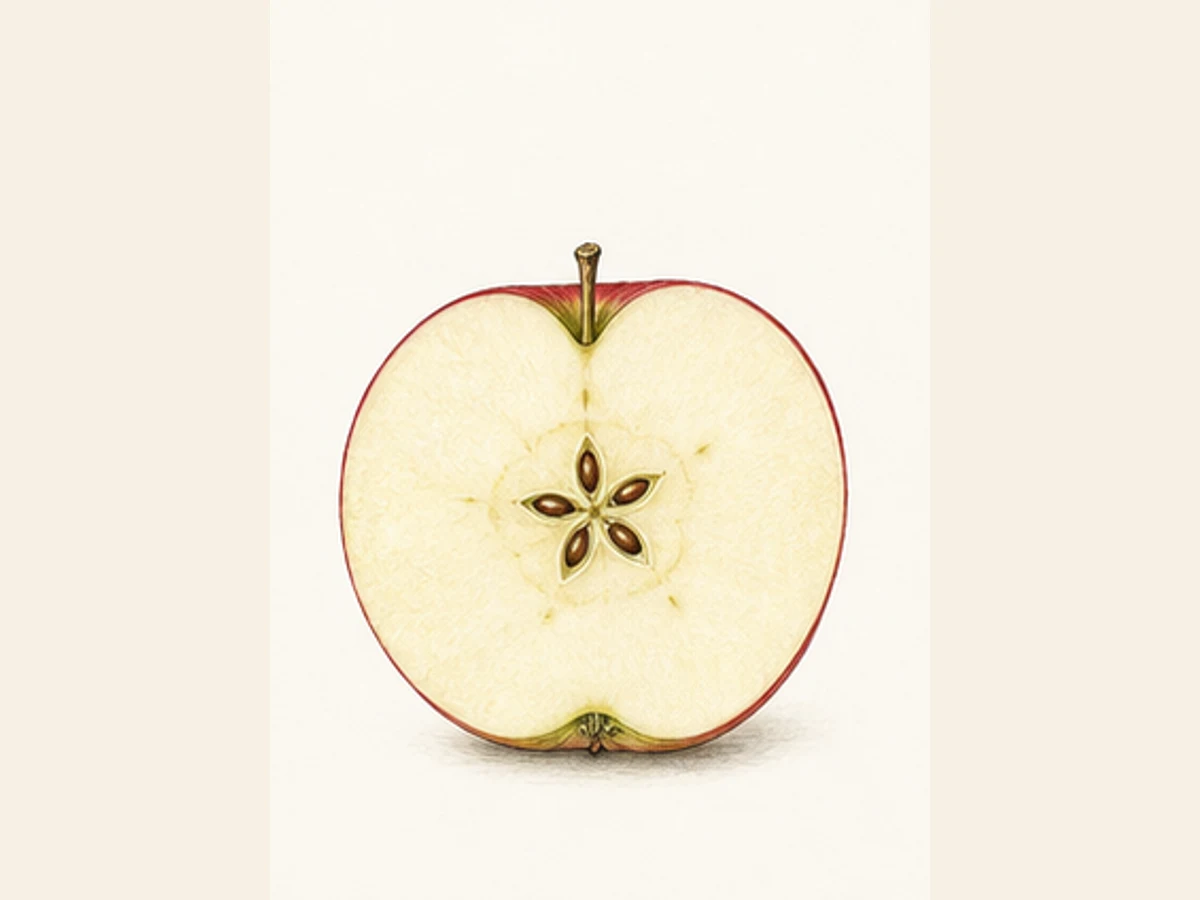 Ilustração editorial representativa de macieira para a ficha de Castanha; não autentica o material, uma planta, fruto, clone ou lote