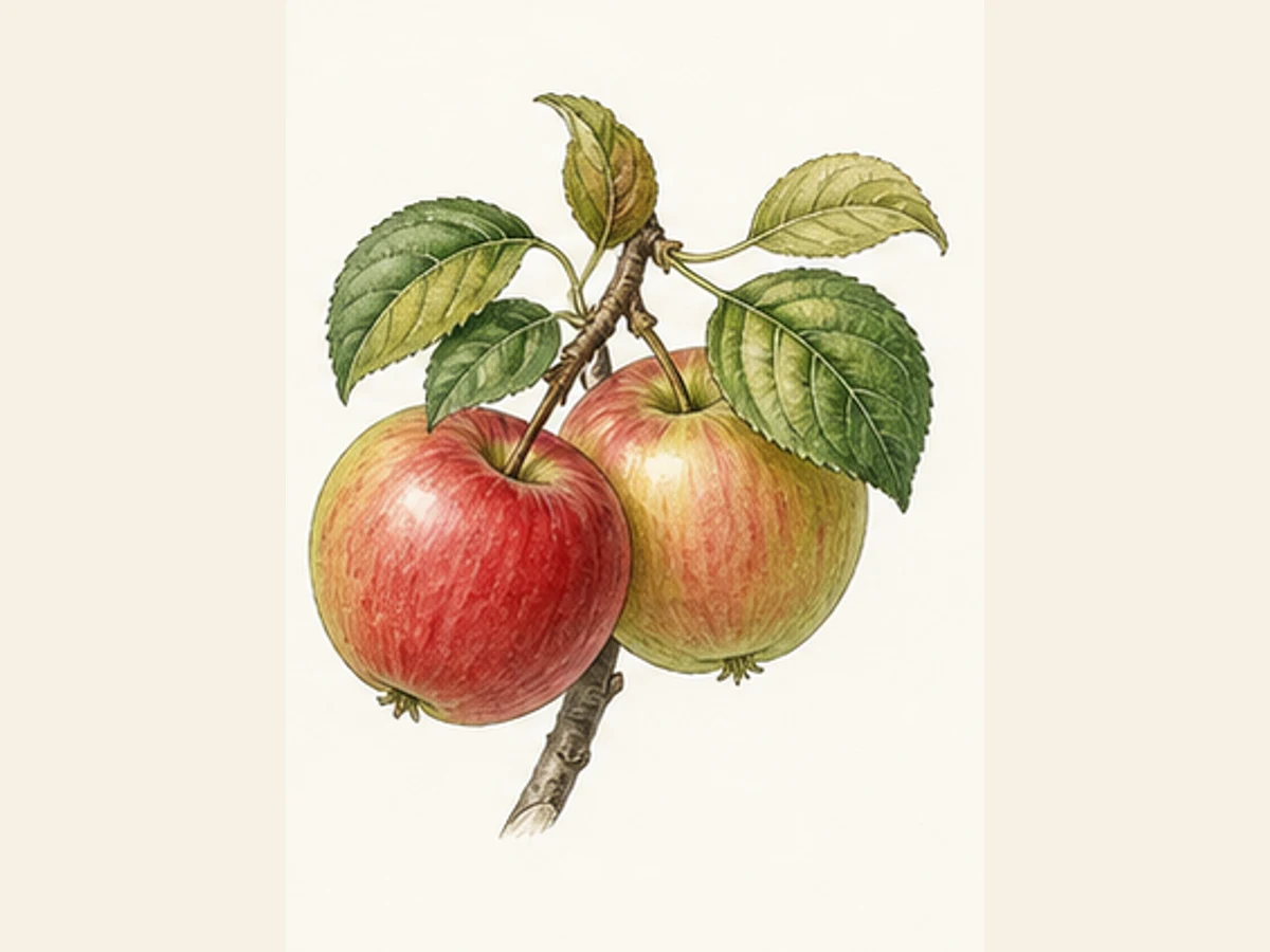 Ilustração editorial representativa de macieira para a ficha de Cunca; não autentica o material, uma planta, fruto, clone ou lote