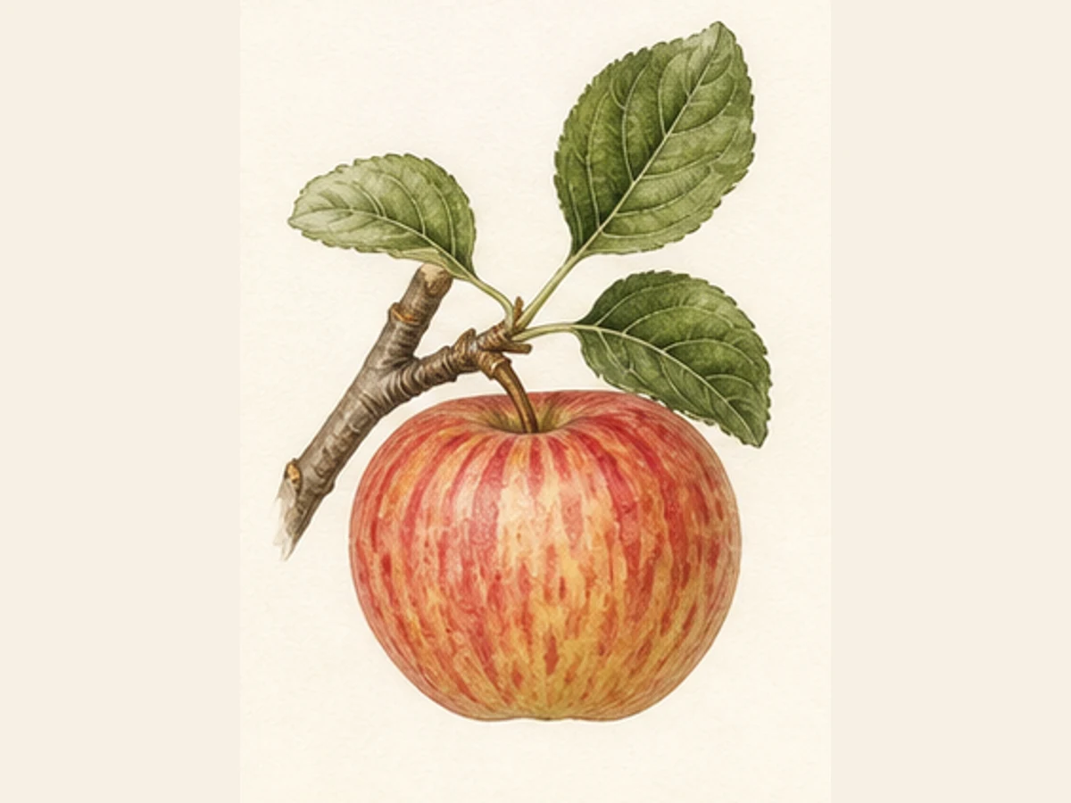 Ilustração editorial representativa de macieira para a ficha de Das Malhas; não autentica o material, uma planta, fruto, clone ou lote