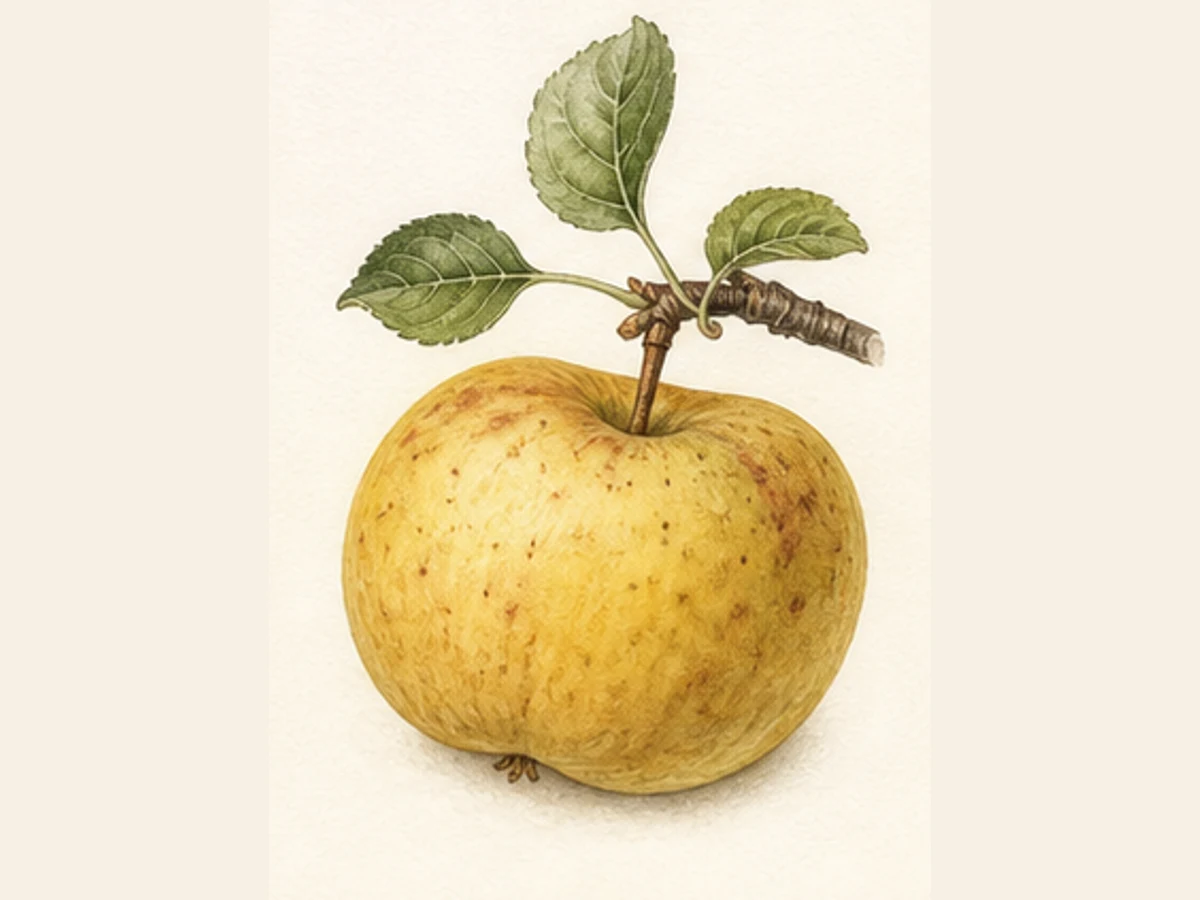 Ilustração editorial representativa de macieira para a ficha de De Agosto; não autentica o material, uma planta, fruto, clone ou lote
