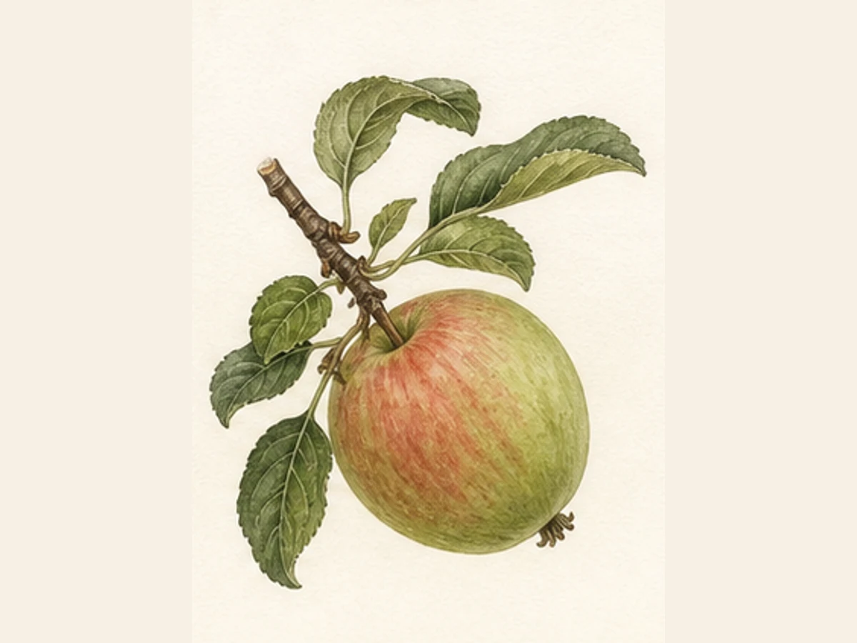 Ilustração editorial representativa de macieira para a ficha de De Inverno; não autentica o material, uma planta, fruto, clone ou lote