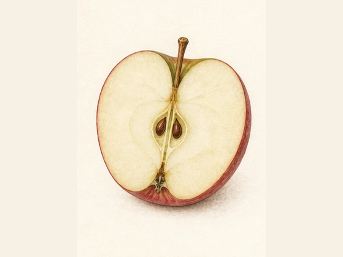 Ilustração editorial representativa de macieira para a ficha de De Seda; não autentica o material, uma planta, fruto, clone ou lote