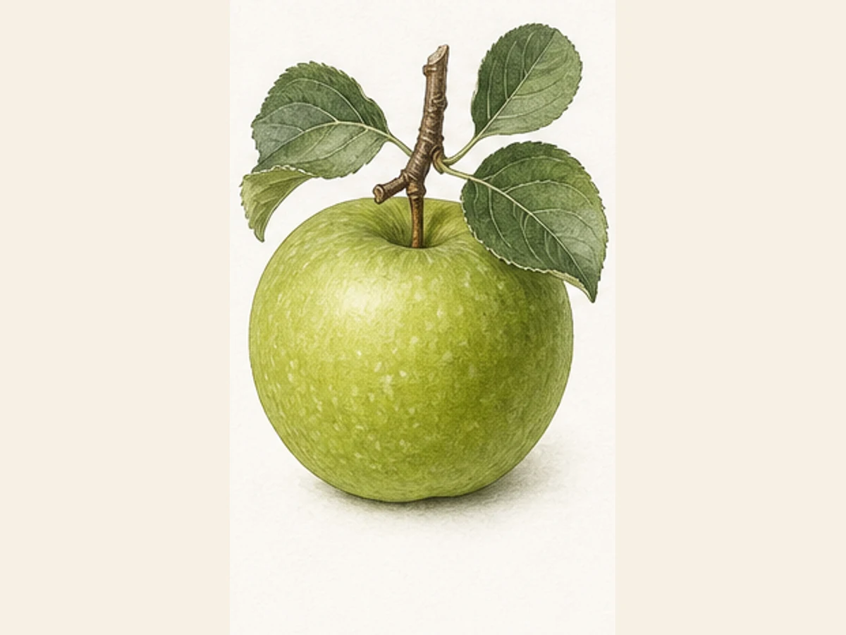 Ilustração editorial representativa de macieira para a ficha de Docinha; não autentica o material, uma planta, fruto, clone ou lote