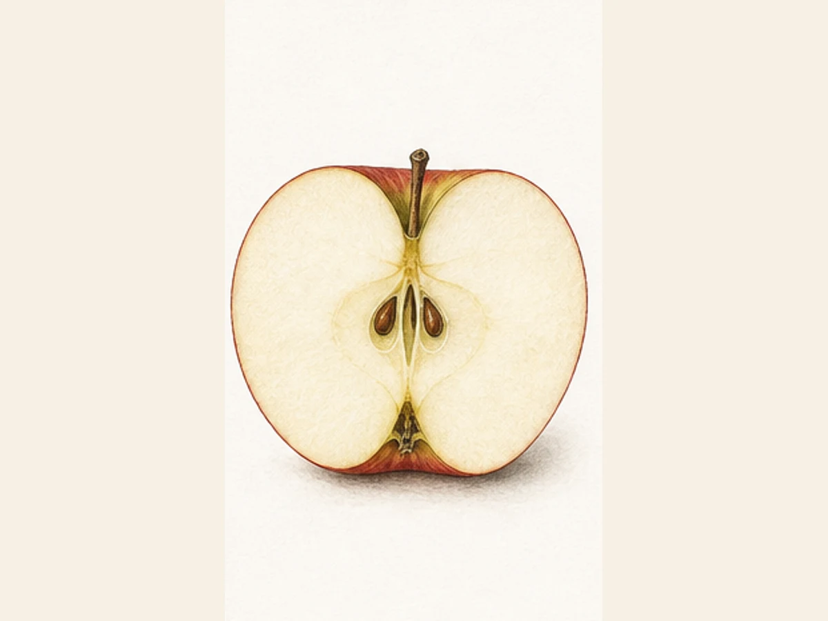 Ilustração editorial representativa de macieira para a ficha de Falsa Winter Banana; não autentica o material, uma planta, fruto, clone ou lote