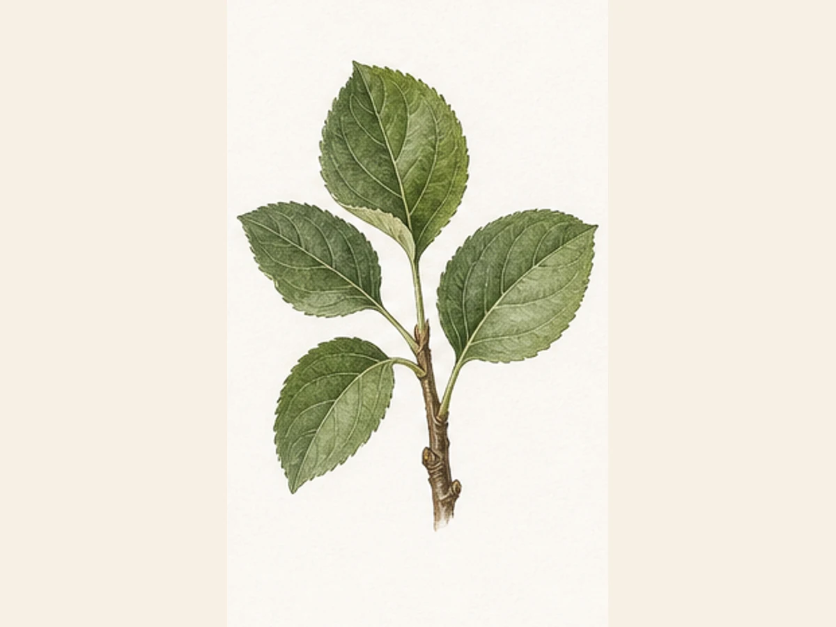 Ilustração editorial representativa de macieira para a ficha de Falso Bravo; não autentica o material, uma planta, fruto, clone ou lote