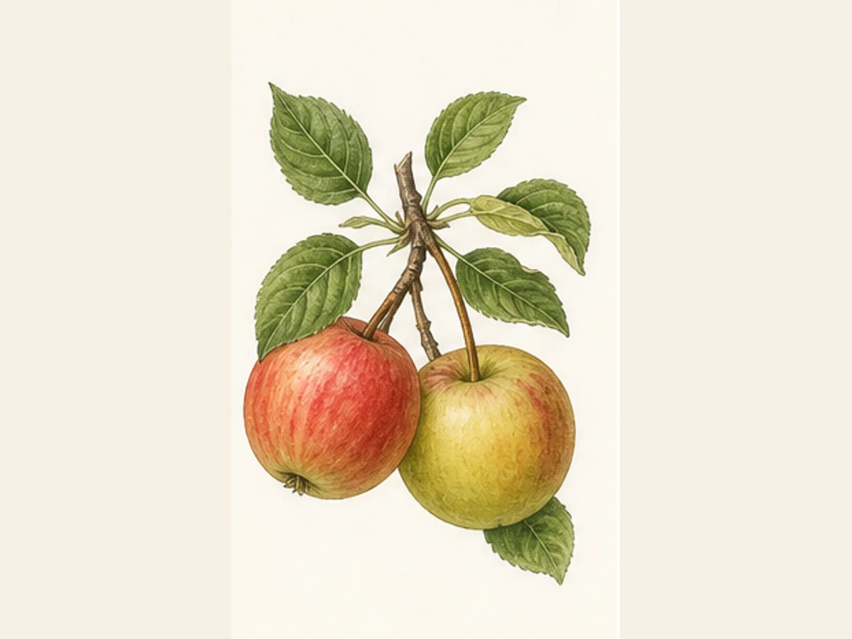 Ilustração editorial representativa de macieira para a ficha de Lapa; não autentica o material, uma planta, fruto, clone ou lote