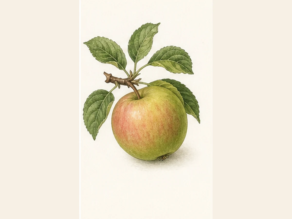 Ilustração editorial representativa de macieira para a ficha de Leirioa; não autentica o material, uma planta, fruto, clone ou lote