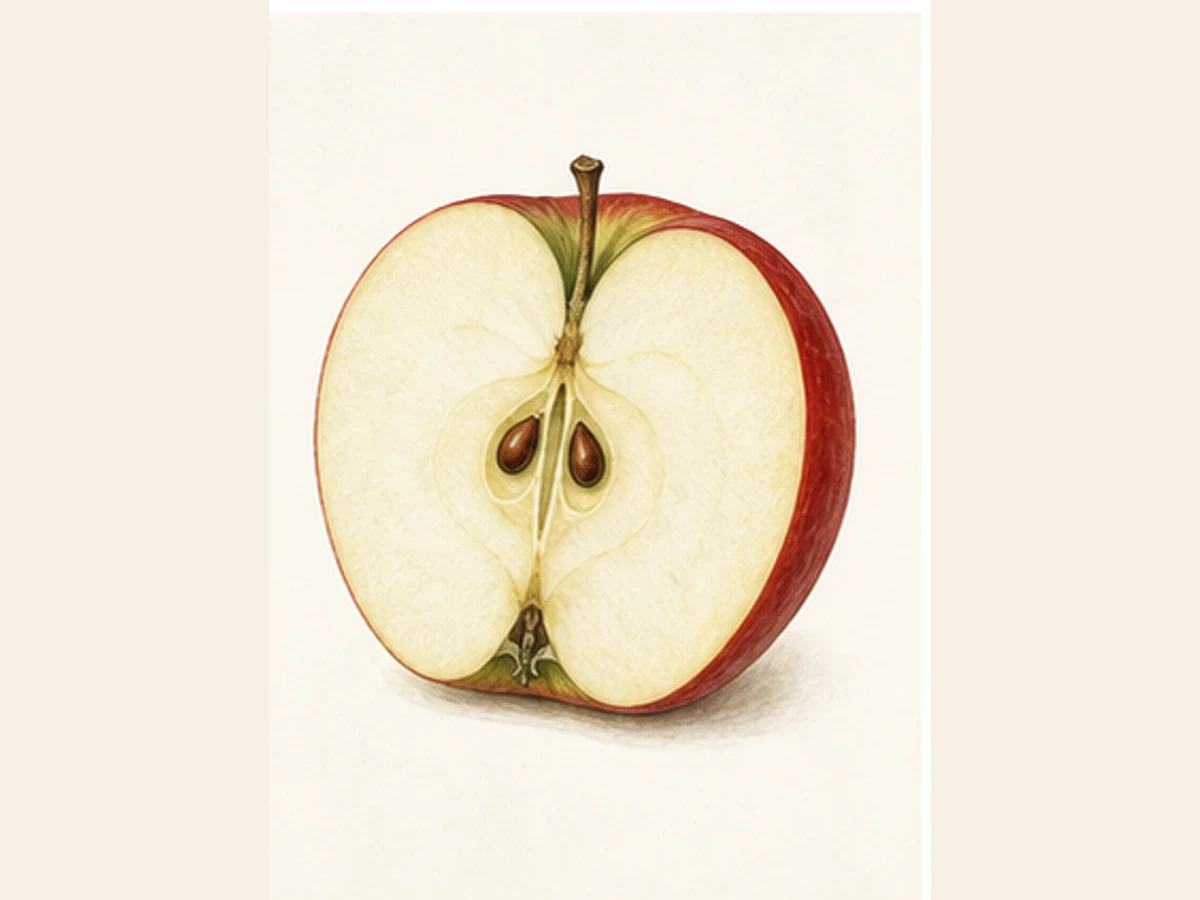 Ilustração editorial representativa de macieira para a ficha de Malápio da Serra; não autentica o material, uma planta, fruto, clone ou lote