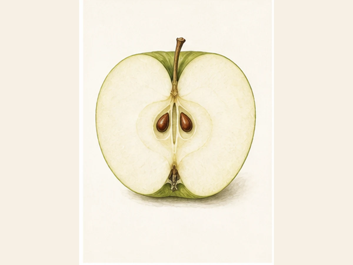 Ilustração editorial representativa de macieira para a ficha de Malápio Pequeno; não autentica o material, uma planta, fruto, clone ou lote
