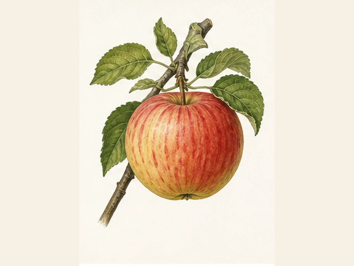 Ilustração editorial representativa de macieira para a ficha de Malápio Rosa; não autentica o material, uma planta, fruto, clone ou lote